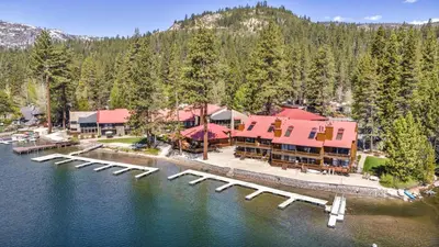 an aerial view of a resort with a dock at 242 Bldg C condo in Truckee