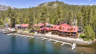 an aerial view of a resort with a dock at 115 Bldg B studio in Truckee