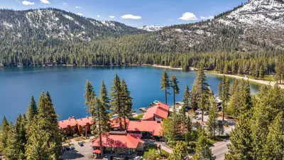 an aerial view of a resort on a lake at 124 Bldg B studio in Truckee