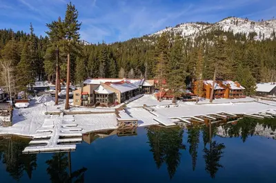 an aerial view of a resort on a lake at 145 Bldg C condo in Truckee