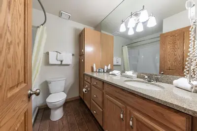 a bathroom with a toilet and a sink and a mirror at 222 Bldg B condo in Truckee