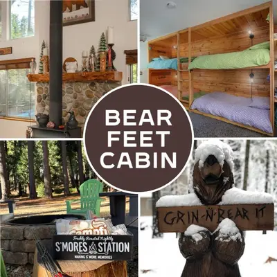 a collage of pictures of a bear bed cabin at Cozy Cabin - Hot Tub, Fire Pit, & Pets in Arnold