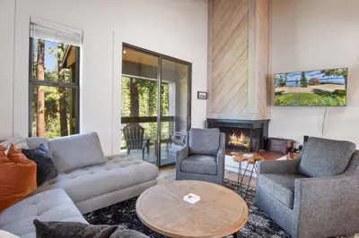 a living room with a couch and chairs and a fireplace at Northstar 2BR Walk to Village Bike Hike Rec Center in Truckee