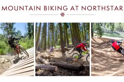 three pictures of a person riding a bike on a trail at Charming Kings Beach Cabin, Hot Tub, Walk to Lake in Kings Beach