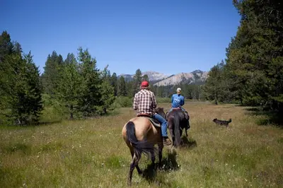 two people riding horses in a field with a dog at Charmed Cabin at Tahoe Donner by Tahoe Getaways - 2BR w HOA Access in Truckee