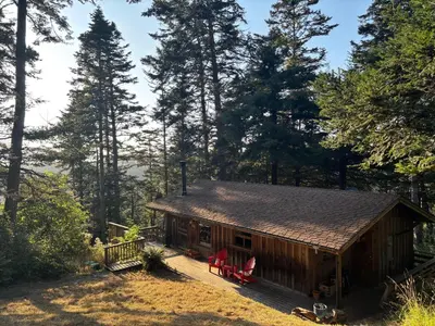 a cabin in the woods with two red chairs at Redwoods Oceanview Retreat