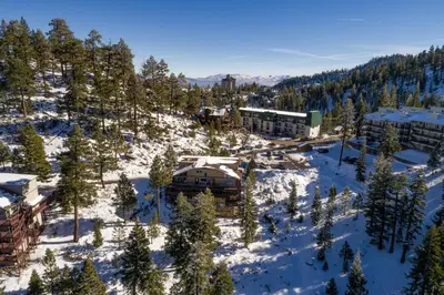 an aerial view of a resort in the snow at Tall Pine Chalet home in Stateline