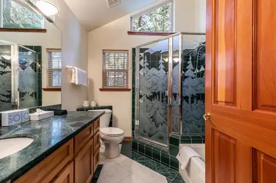 a bathroom with a shower and a toilet and a sink at Silver Rock Lodge home in Zephyr Cove