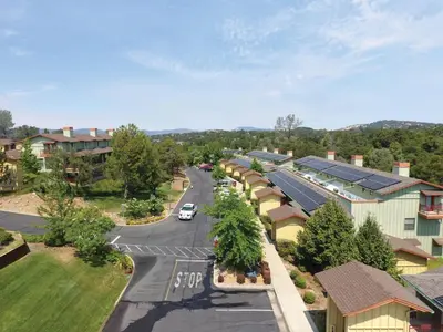 an aerial view of a small town with a street at Wyndham Angels Camp 3BR Apartment with Resort Access in Angels Camp