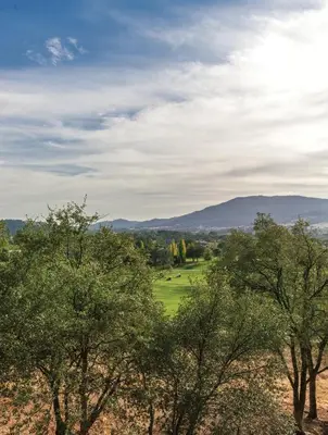 a green field with trees and mountains in the background at Wyndham Angels Camp 3BR Apartment with Resort Access in Angels Camp