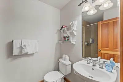 a bathroom with a sink and a toilet and a mirror at Wooded Escape in Tahoe Vista Private Hot Tub in Tahoe Vista