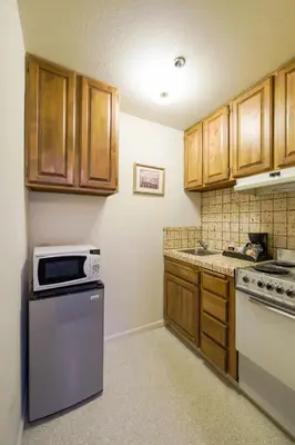 a small kitchen with wooden cabinets and a microwave at Boutique Retreat in Wine & Gold Country in Placerville