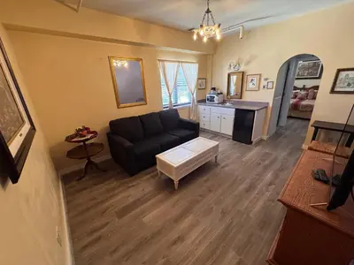 a living room with a black couch and a kitchen at Boutique Retreat in Wine & Gold Country in Placerville