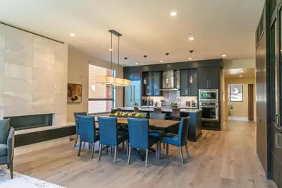 a kitchen and dining room with a table and chairs at Crystal Bay Retreat 204 condo in Crystal Bay