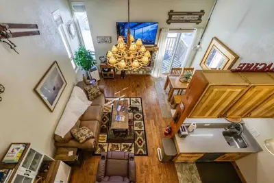 an overhead view of a living room with a couch at TahoeCozy with Pool Hot Tub and Near Northstar in Tahoe Vista