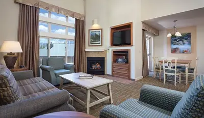 a living room with a couch and a fireplace at Wyndham South Shore 3BR Apartment with Resort Access in Zephyr Cove
