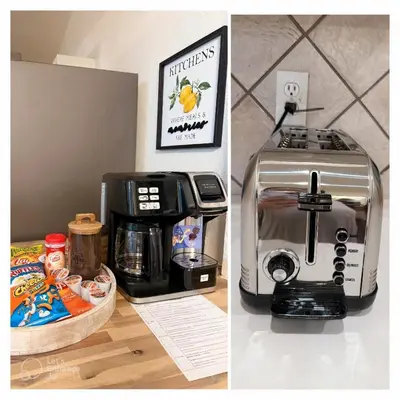 a coffee maker and a toaster on a counter at Elegant Retreat- Sleep 10-Boho Dome Lounge-Hot Tub-Games-Golf-Serene Getaway in Sacramento