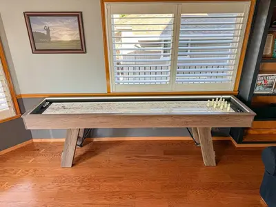 a pool table in a room with a window at On Golf Course, Family&Pet Friendly Yosemite Basecamp in Groveland