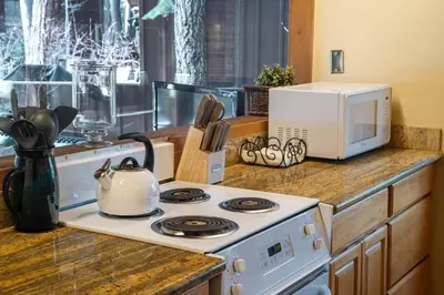a kitchen counter with a stove and a microwave at NorthShore # 47 By Hauserman Rentals in Tahoe City