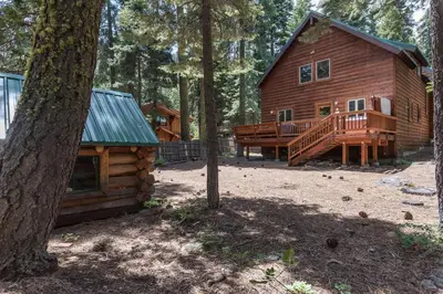 a log cabin in the woods next to a tree at Celtic Lodge By Hauserman Rentals in Homewood