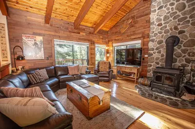a living room with a couch and a fireplace at Home Swede Home By Hauserman Rentals in Tahoe City
