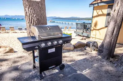 a grill sitting on the beach next to a tree at Franciscan Lakeside # 29 By Hauserman Rentals in Tahoe Vista