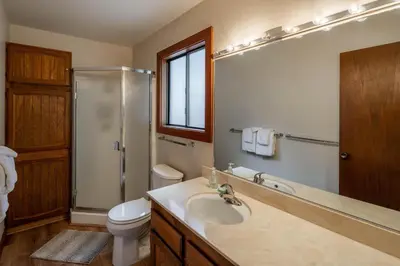 a bathroom with a sink and a shower and a toilet at St Francis #14 By Hauserman Rentals in Tahoe City