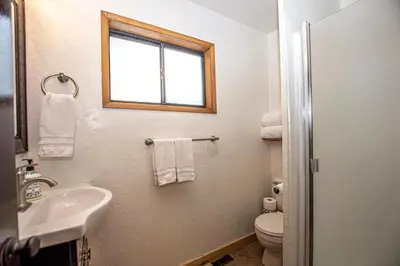 a bathroom with a sink and a toilet and a window at Tahoma Treasures Emerald Cabin Hauserman Rentals in Tahoma