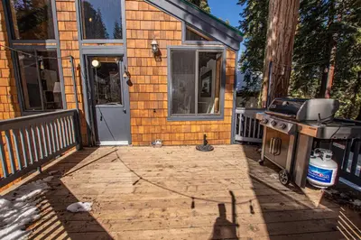 a backyard patio with a grill and a house at Thunder Lodge By Hauserman Rentals in Homewood