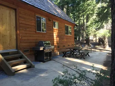 a log cabin with a stove and a picnic table at Willow By Hauserman Rentals in Tahoe City