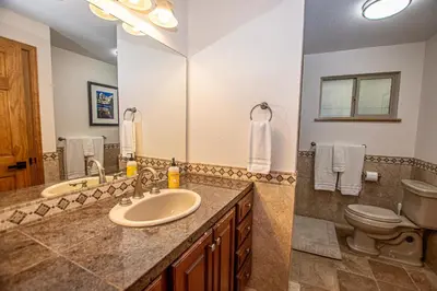 a bathroom with a sink and a toilet at Daly's Digs By Hauserman Rentals in Tahoe City