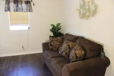 a brown couch in a living room with a plant at Luxurious 5-Bedroom Retreat with Saltwater Pool and Spa in Elk Grove