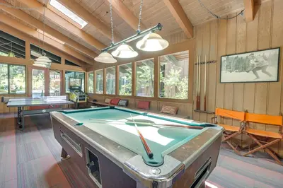 a billiard room with a pool table in it at Walk to Mammoth Village Chic Mountain Studio in Mammoth Lakes