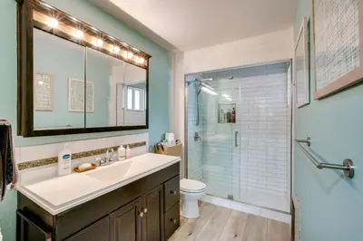 a bathroom with a sink and a shower at Work and Play! Lake Tahoe Cabin 5 Mi to Heavenly Mtn in South Lake Tahoe