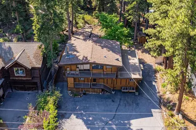 an overhead view of a large house with trees at Retreat with Private Hot Tub steps North Lake Tahoe in Carnelian Bay