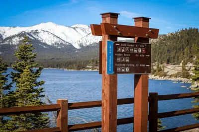 a sign on a fence next to a lake at Brown Bear's Hideaway in Incline Village