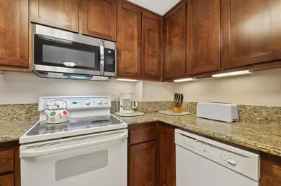 a kitchen with a stove and a microwave at 3 Bedroom Kirkwood Condo – Base Camp condo in Kirkwood