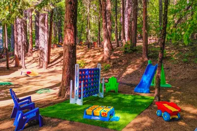 a playground with colorful play equipment in a forest at Walk to Fly-In Lake Blue Lake Springs Cabin! in Arnold