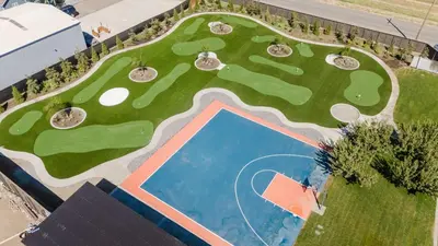 an overhead view of a golf course with a swimming pool at Villa Luxury Family Getaway in Patterson