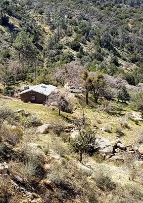 a house on the side of a hill with trees at Secluded Oasis with View, and hot tub on 50 acres in Bodfish