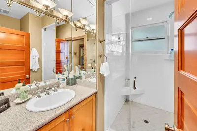a bathroom with a sink and a shower at South Tahoe Haven Views Comfort Fun in South Lake Tahoe