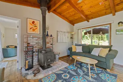 a living room with a couch and a stove at Red Cabin in Twain Harte - King bed in Twain Harte