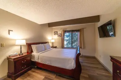a bedroom with a bed and a window at Walk to Village, 1+L/2BA; Jacuzzi, Parking, W/D in Mammoth Lakes