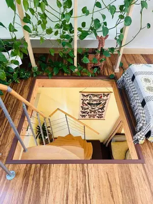 a room with a staircase with plants on the ceiling at Blissful Acres hilltop cottage in Grass Valley