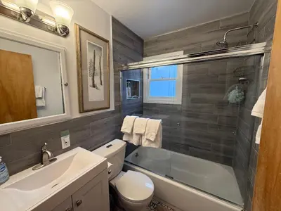 a bathroom with a tub and a toilet and a sink at Lake Tahoe Cabin I Hammocks, Paddle Boards and Bikes in Homewood