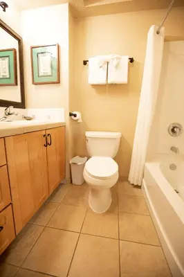 a bathroom with a toilet and a sink and a tub at Kingsbury of Tahoe in Stateline