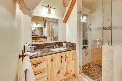 a bathroom with a sink and a shower at Endless Mtn Views! Group Ski Lodge at Sugar Bowl in Norden