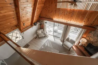 an overhead view of a living room with a ceiling at Sequoia Vintage A-frame River Retreat in Three Rivers