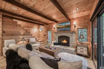 a living room with a couch and a fireplace at Songbird Cabin at Chambers by Tahoe Getaways - Pet-Friendly 2 BR with HOA Access in Homewood