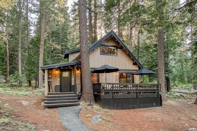 a small cabin in the woods with a tree at Songbird Cabin at Chambers by Tahoe Getaways - Pet-Friendly 2 BR with HOA Access in Homewood